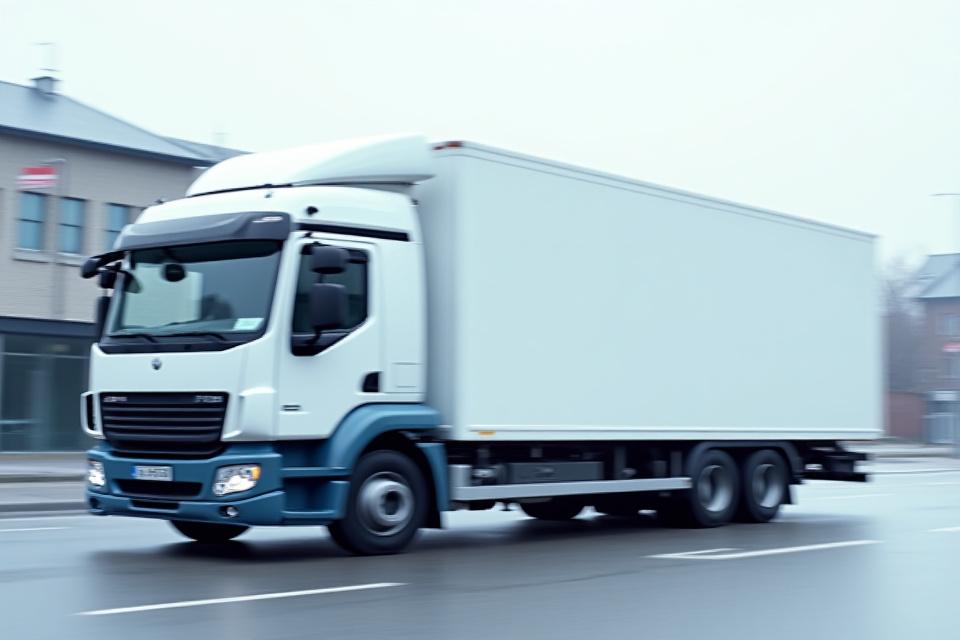 Leveringsbil med dansk flag på vej til at levere møbler