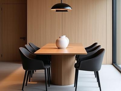 Elegant spisebord med moderne stole i et spisestueområde