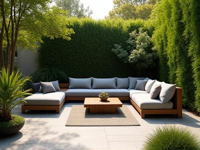 Moderne udendørs loungemøbler på en terrasse omgivet af grønt