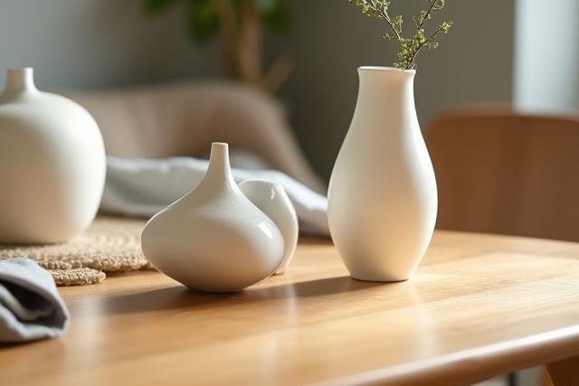 Detalje af et træbord med minimalistisk vase i showroom