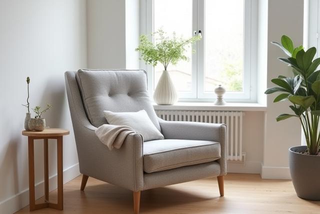 Lænestol i nordisk design med naturlig belysning i showroom