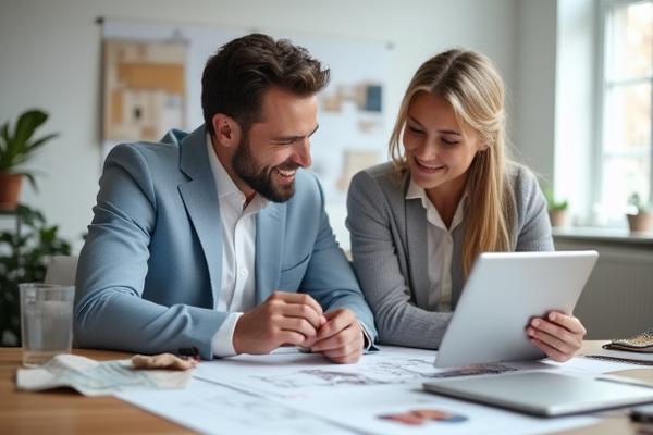 Indretningsdesigner rådgiver et par om møbelvalg med skitser og materialeprøver