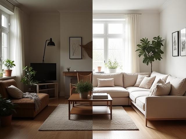 Før og efter billeder af et rum renoveret med indretningsrådgivning fra Skagerrak Stuen.