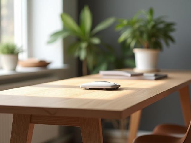 Et specialdesignet skrivebord i eg, bygget præcist til et hjemmekontor.