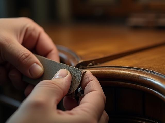 Nærbillede af en møbelrestaurator, der omhyggeligt arbejder på et antikt træmøbel, med fokus på detaljer.