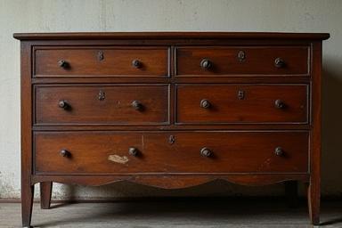 Antikt dækketøjsskab før restaurering, med synlige ridser og falmet farve.